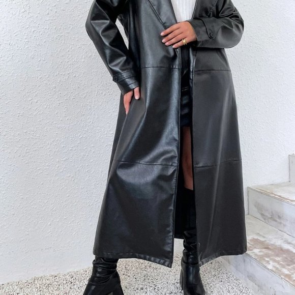 PLUS SIZE BLACK PU LEATHER COLLAR BELTED TRENCH COAT - Picture 5 of 7